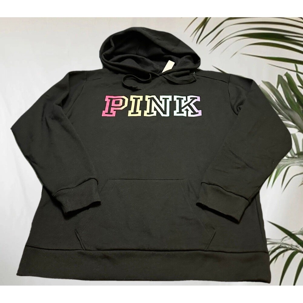 PINK Victoria's Secret Black Hoodie with Rainbow Gradient Logo SP